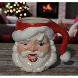Vintage Signed Ceramic Mug Santa Big Smile Christmas  4" Tall x 4.5" Width